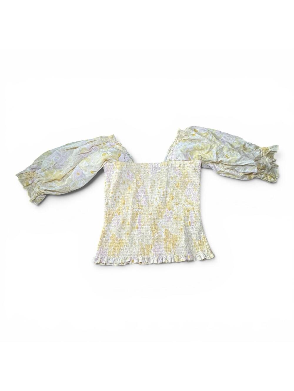 Billabong Yellow Elastic Puff Sleeve Scrunch Floral Cotton Crop Top
